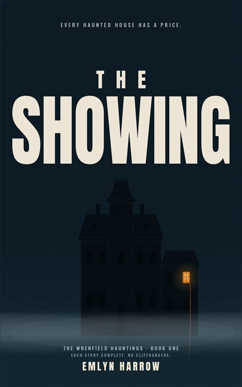 The Showing by Emlyn Harrow. A dark Second Empire house on an ink-teal field; every window dark except one, lit amber, with a single thin cable running down into the fog.